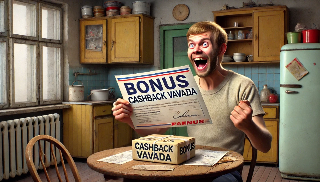 Мужчина на кухне хрущевки держит конверт с надписью 'бонус: cashback Vavada' и радуется